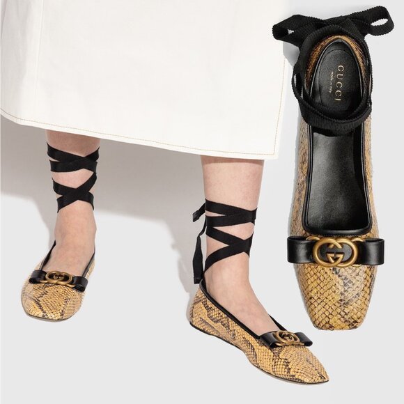 GUCCI SHOES PYTHON BALLET FLATS w LOGO BOW RIBBON ANKLE TIES $1,059 sz 39.5 9.5 - Picture 1 of 16